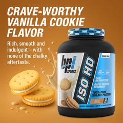 BPI Sports ISO HD vanilla cookie shake served in glass highlights flavor
