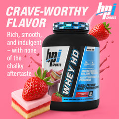 BPI Sports Whey HD strawberry cake label emphasizes flavor while staying clean