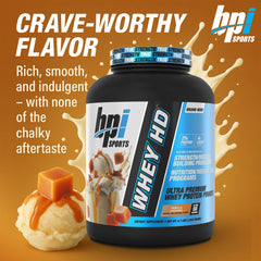 BPI Sports Whey HD Vanilla Caramel shake in glass.