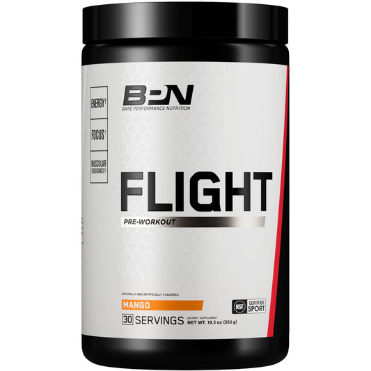BARE PERFORMANCE NUTRITION BPN Flight canister front view highlights mango flavor and energy potential.
