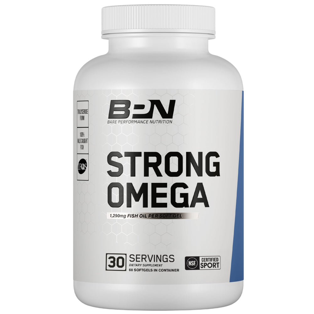 Bare Performance Nutrition Strong Omega soft gels bottle front for daily omega-3 support.