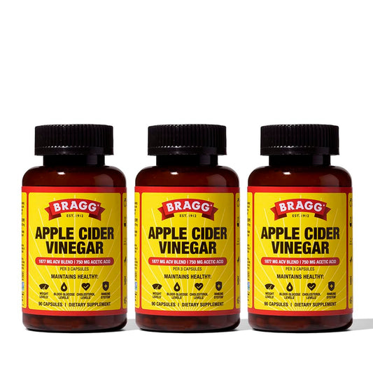 Bragg ACV capsules bottle with label, convenient daily wellness support.