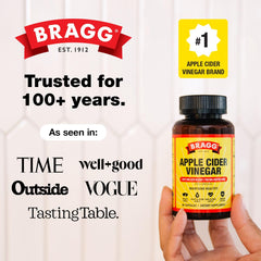 Bragg ACV capsules with vegan, kosher, and gluten-free icons.
