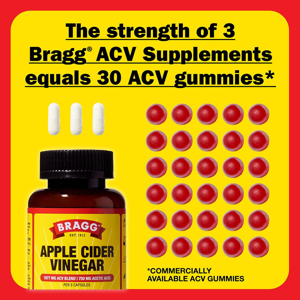 Bragg ACV capsules vs gummies comparison graphic highlighting sugar-free option.