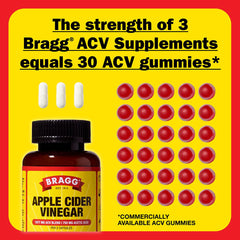 Bragg ACV capsules vs gummies comparison graphic highlighting sugar-free option.