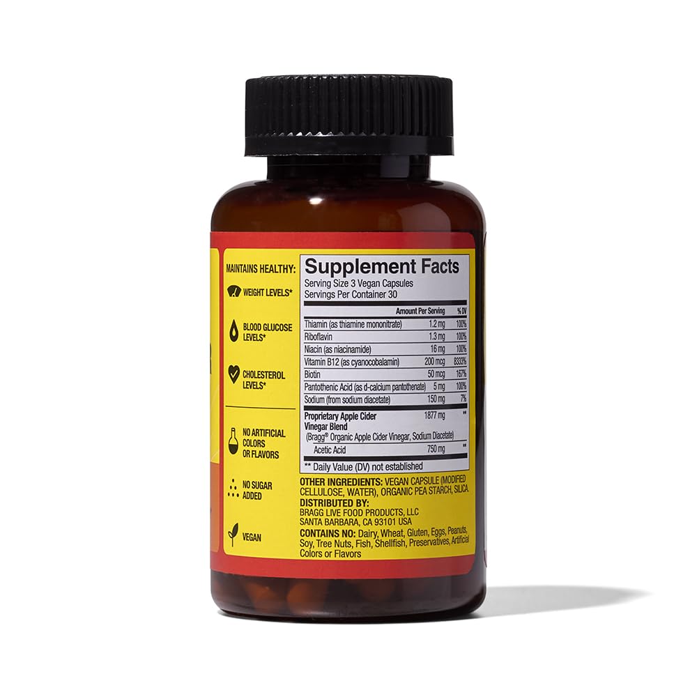 Bragg Energy ACV Capsules close-up of B-12 vitamins label.