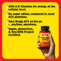 Bragg Energy ACV Capsules label close-up showing ingredients overview.