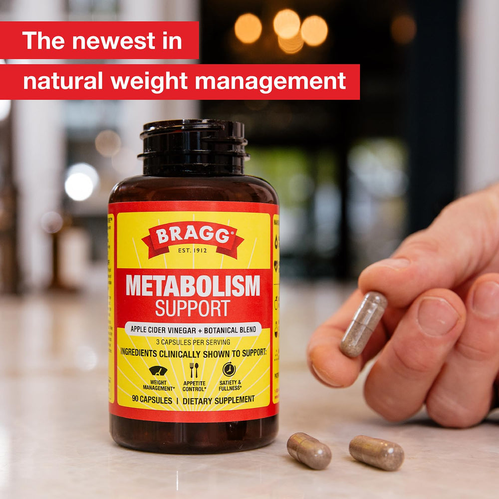 Bragg Metabolism Support capsules on packaging, highlighting 750 mg acetic acid and botanicals.