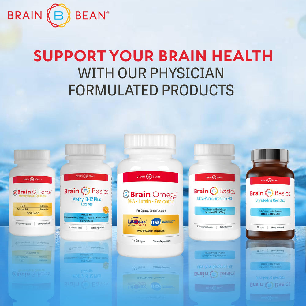 Brain Bean bottle open reveals 180 softgels signaling long-lasting daily support