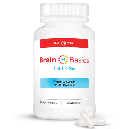 Brain Bean Brain Basic Opti D3 Plus bottle for daily mood and focus support