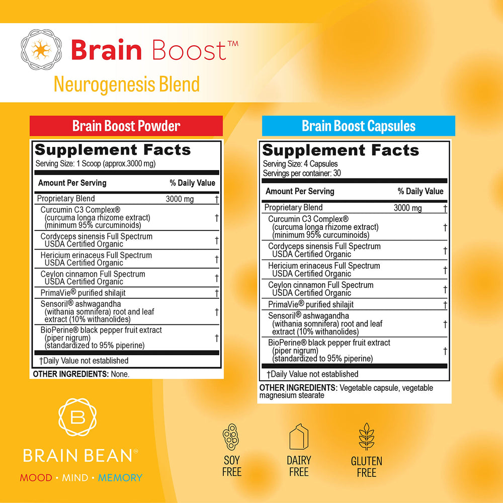 Brain Bean Brain-Boost label-pack keeps on-the-go packaging for convenient use.