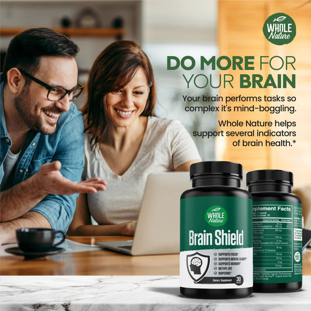 Brain Shield bottle with glass of water during morning routine.