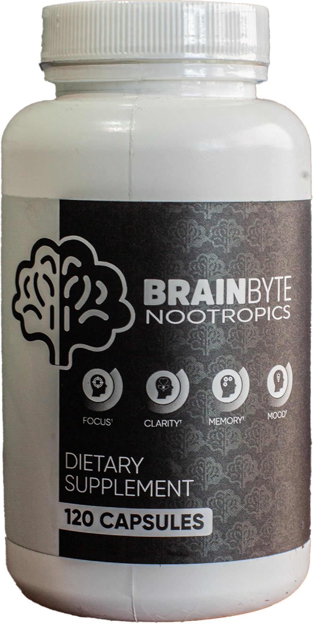 BrainByte Nootropics bottle front view for caffeine-free focus