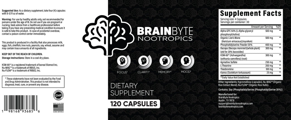 BrainByte Nootropics label close-up highlighting calm concentration benefits