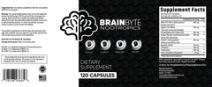 BrainByte Nootropics label close-up highlighting calm concentration benefits