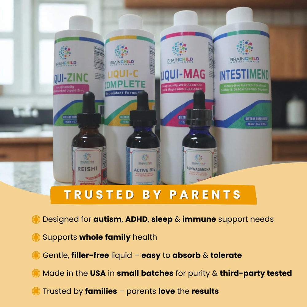BrainChild B-Complex Liquid label ingredients; vegan, non-GMO, gluten-free formula supporting daily energy.