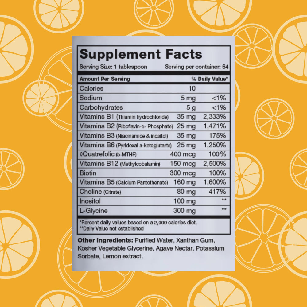BrainChild B-Complex Liquid lemon bottle; bright citrus flavor supports easy mixing for energy.