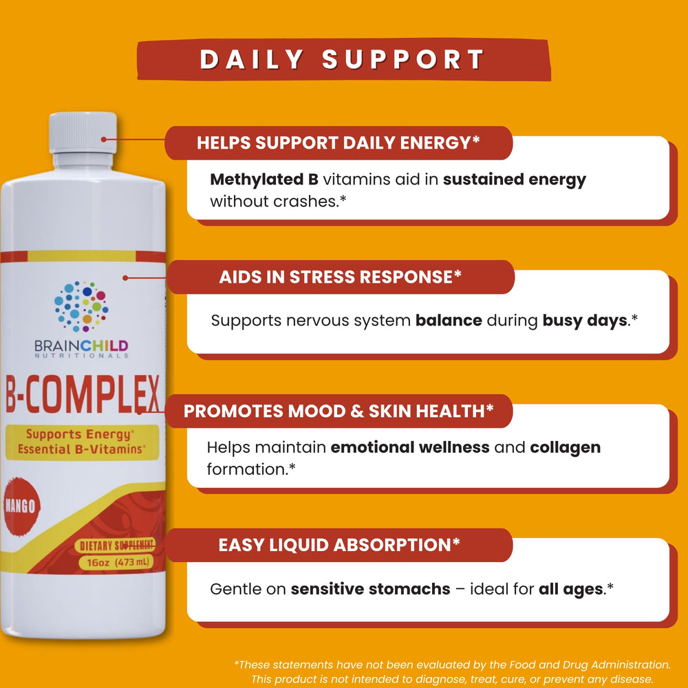 Closeup of BrainChild Nutritionals B-Complex Liquid label with ingredients and dosage guidance.