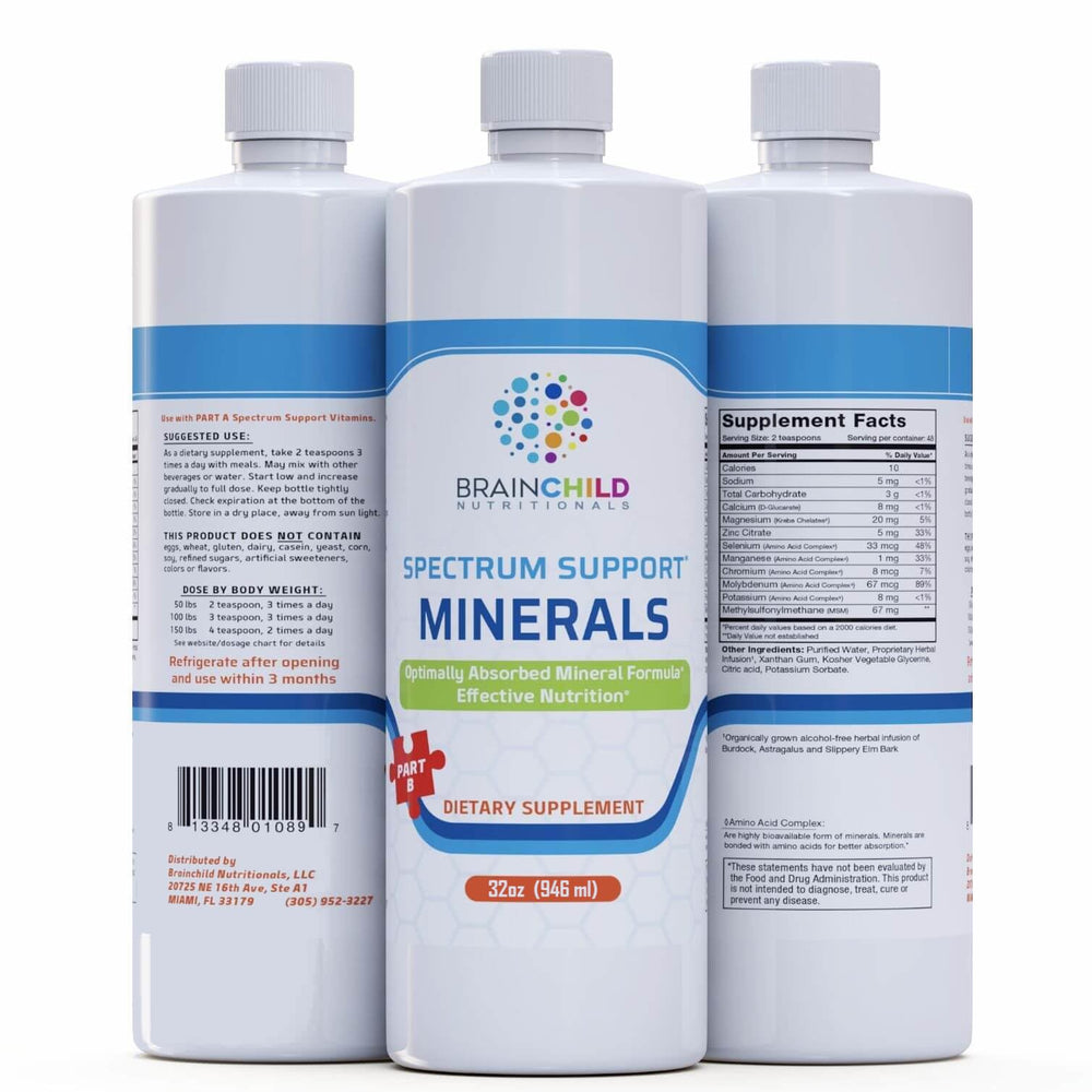 BrainChild Spectrum Support Minerals bottle pour shows easy daily dosing for the product.