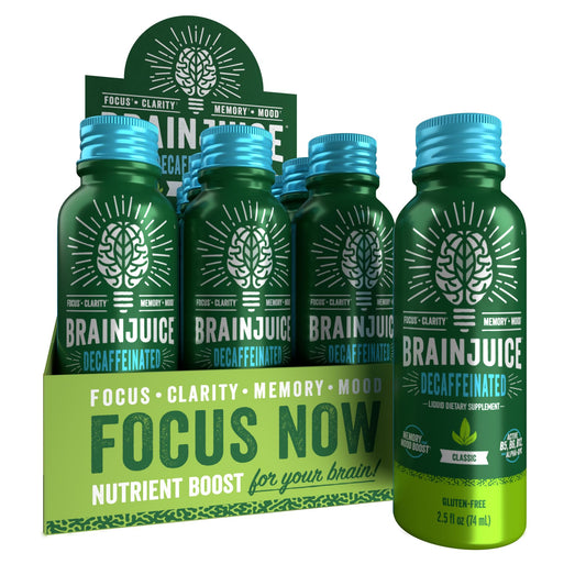 BrainJuice Decaf Brain Shot bottle with berry flavor supports focused moments.