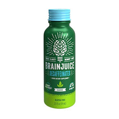 BrainJuice Decaf Brain Shot label highlights clean, gluten-free ingredients.