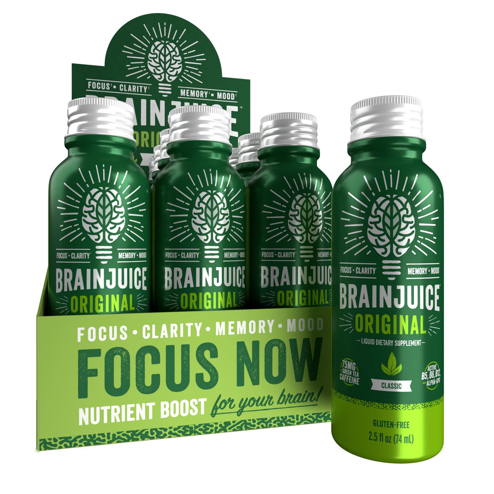 BrainJuice focus-shot-bottle offers quick focus boost for busy days.