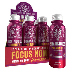 BrainJuice Immunity Shot bottle on a counter for daily brain and immune support.