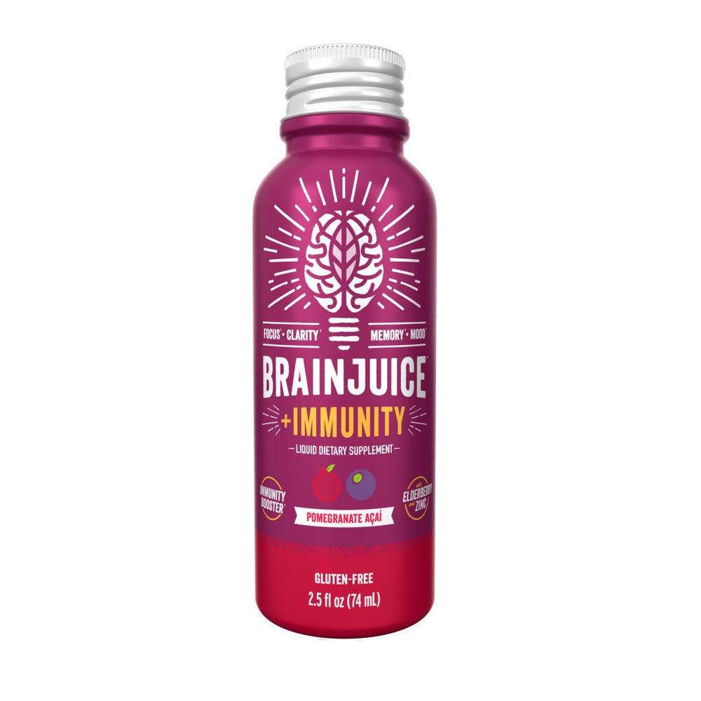 BrainJuice Immunity Shot recyclable aluminum packaging in focus.