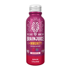 BrainJuice Immunity Shot recyclable aluminum packaging in focus.