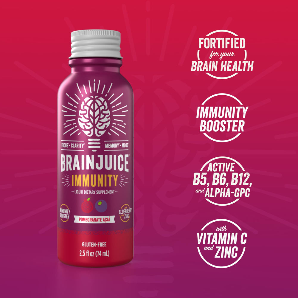 BrainJuice Immunity Shot pouring into a glass for quick energy and focus.