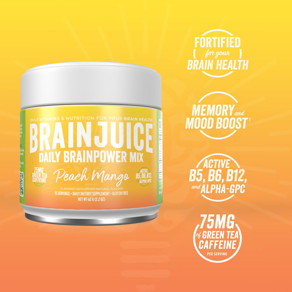 BrainJuice Peach Mango drink in glass showing vibrant flavor for a refreshing energy boost