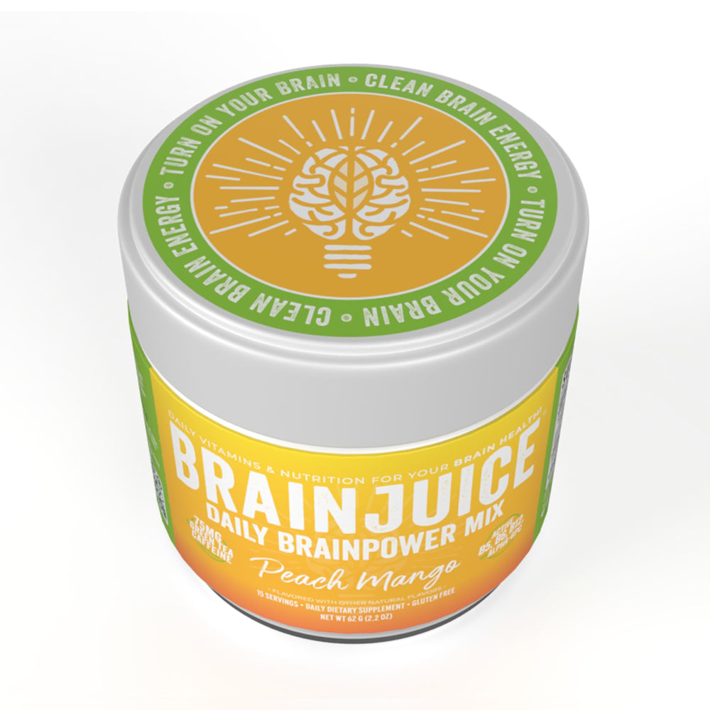 BrainJuice ready-to-make mix shown with glass during morning routine