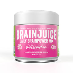 BrainJuice watermelon powder bottle conveys convenient brain support for daily focus and energy.