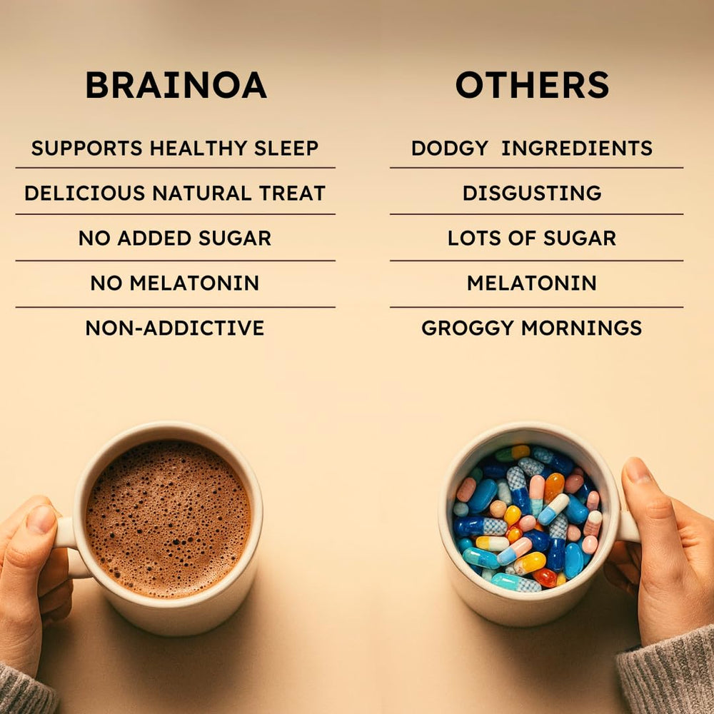 Brainoa Sleep Cocoa label on package emphasizes vegan, gluten-free, and no added sugar.
