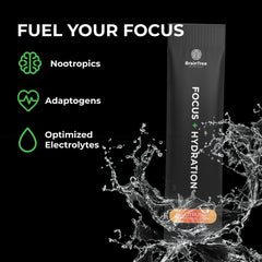 BrainTree electrolyte powder dissolving in water highlights rapid hydration.