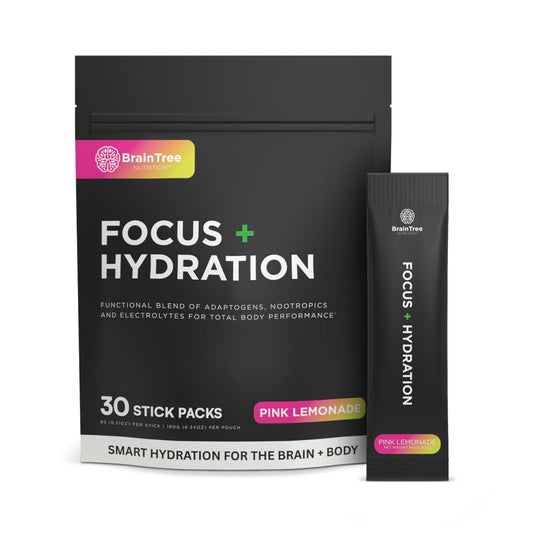 BrainTree Focus Hydration pink lemonade stick poured for refreshing hydration