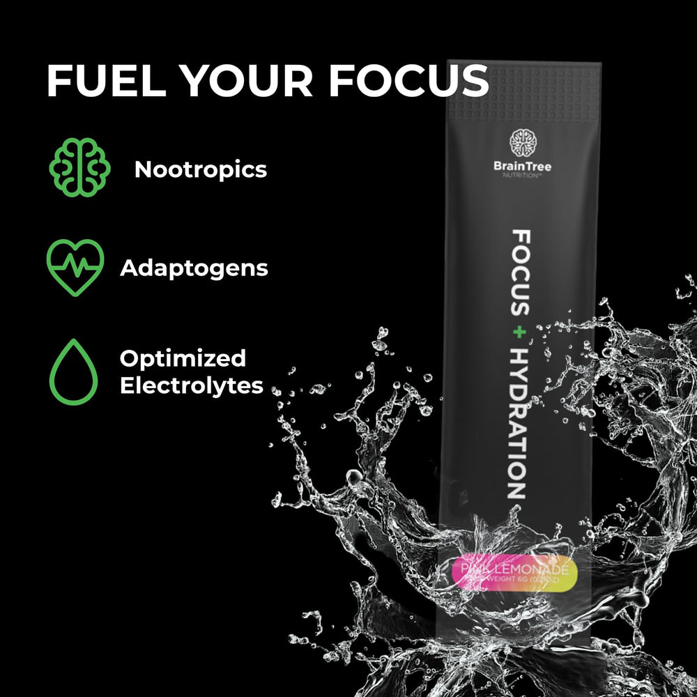 BrainTree Focus Hydration zero-sugar label highlights sugar-free hydration