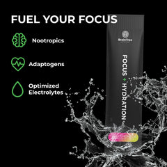 BrainTree Focus Hydration zero-sugar label highlights sugar-free hydration
