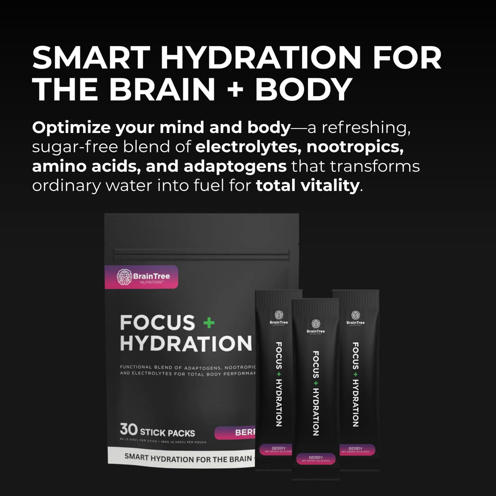 BrainTree Focus + Hydration berry packet dissolving in water for steady hydration