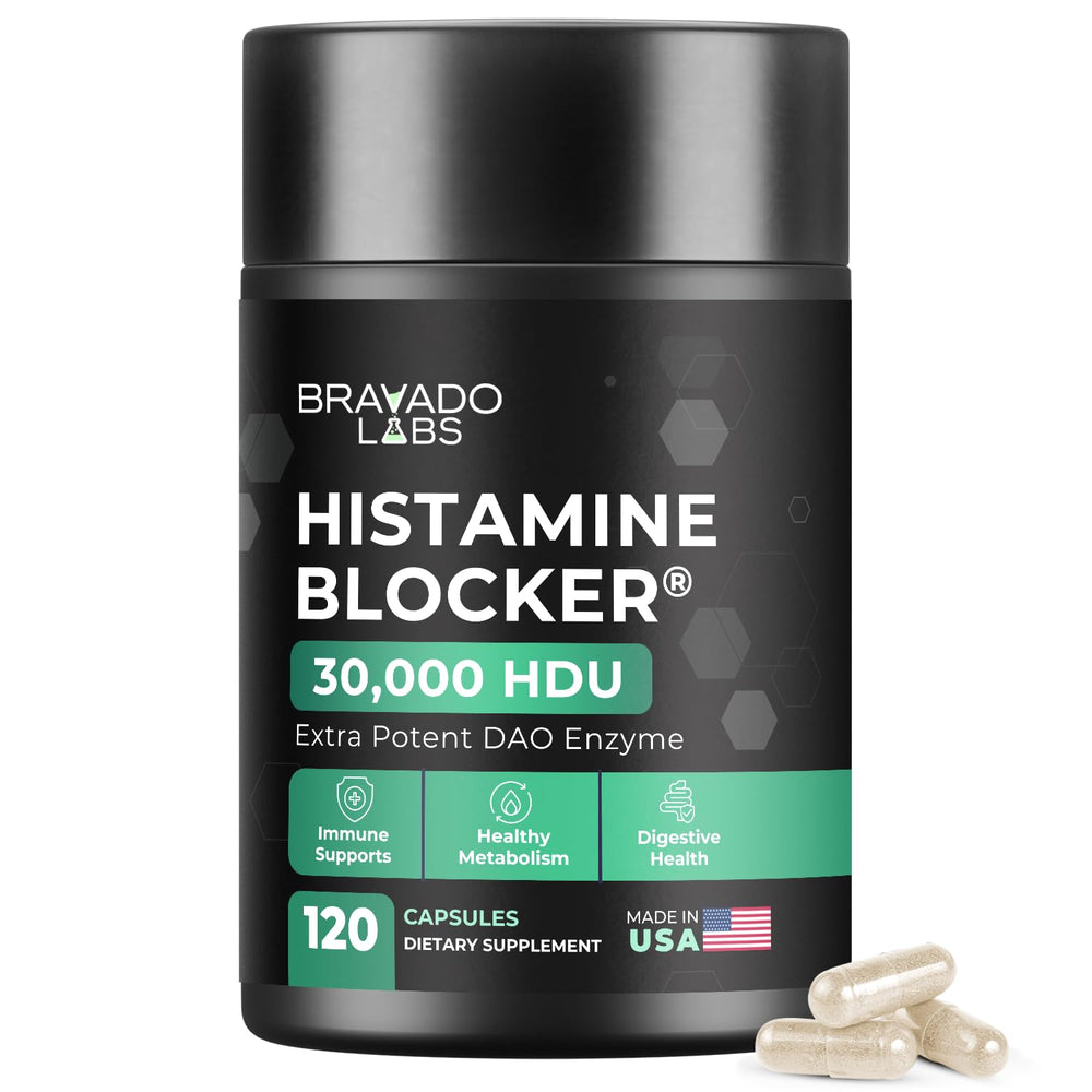 Bravado Labs DAO Supplements Histamine Blocker bottle front emphasizes daily use and quality