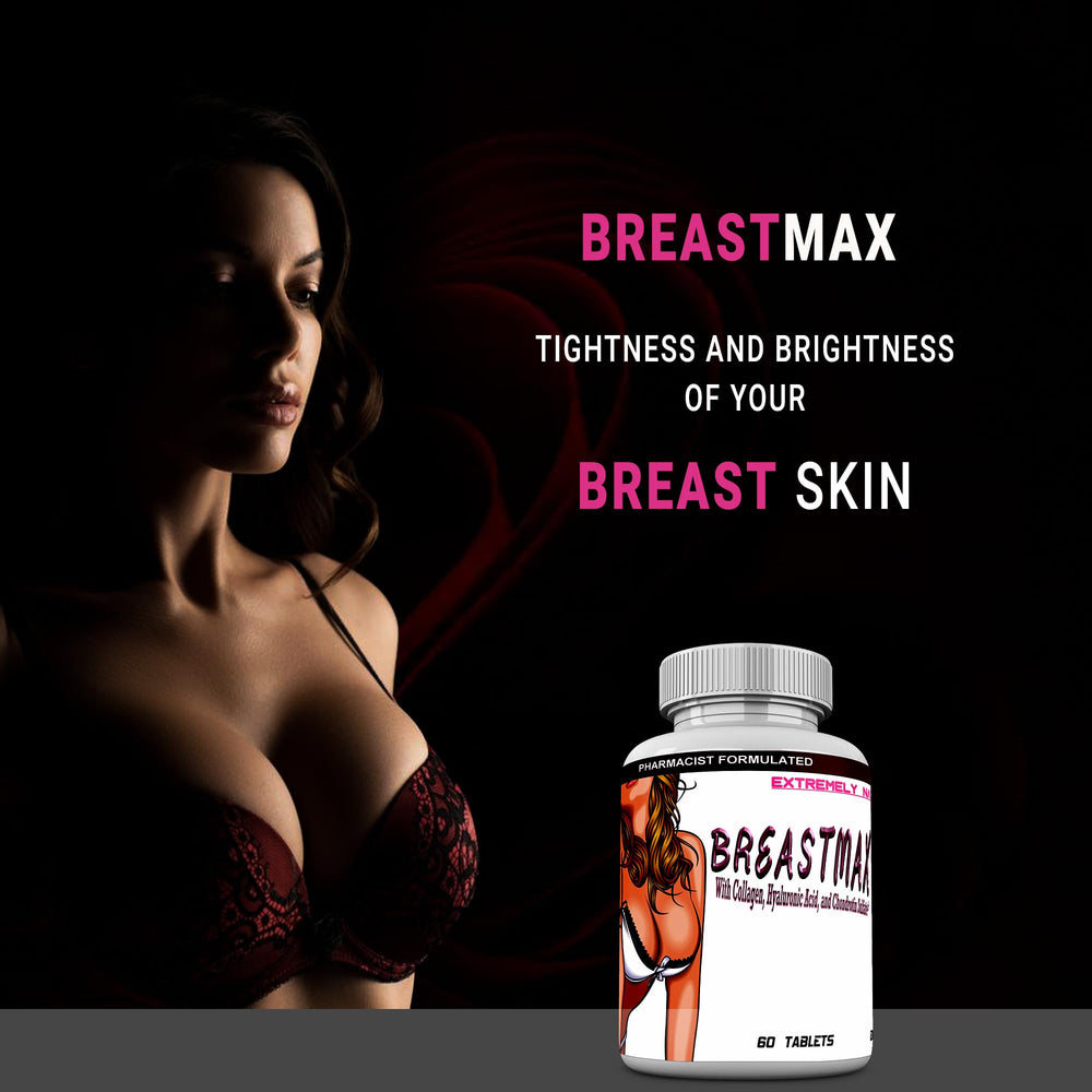 BREASTMAX natural-ingredients board highlights vitamins and herbs used.