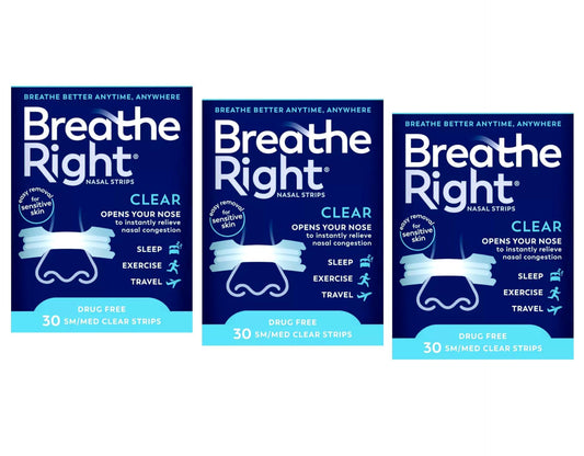 Breathe Right clear nasal strip on nose offering gentle, skin-friendly support