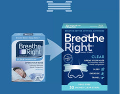 Breathe Right flexible band on nose adapts for comfortable wear