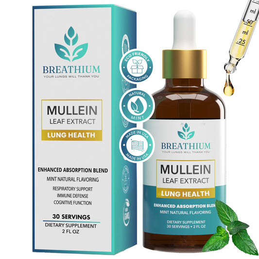 Breathium Mullein Drops bottle displayed for respiratory wellness support.