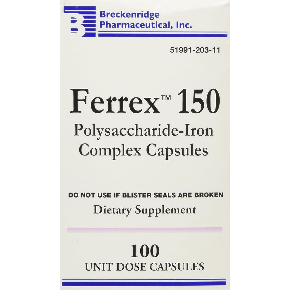 Breckenridge Ferrex bottle cap with 150 capsules for daily iron support.