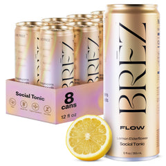 BREZ FLOW Lion’s Mane Lemon Elderflower can close-up, highlighting refreshing flavor and potential focus support.