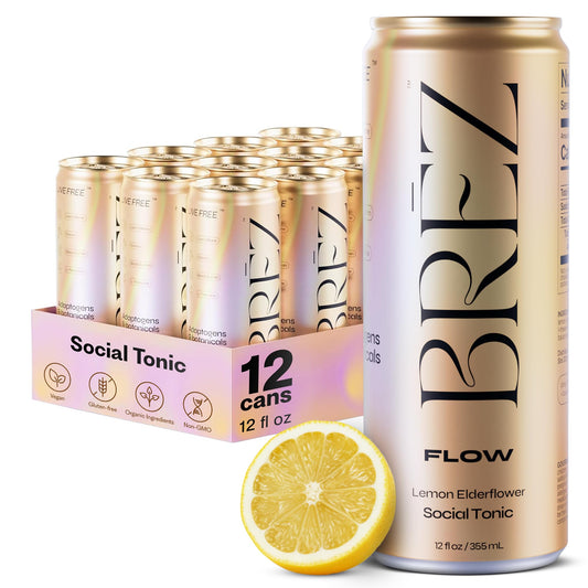 BRĒZ Flow lemon elderflower can front shows refreshing sparkling flavor and uplifting mood