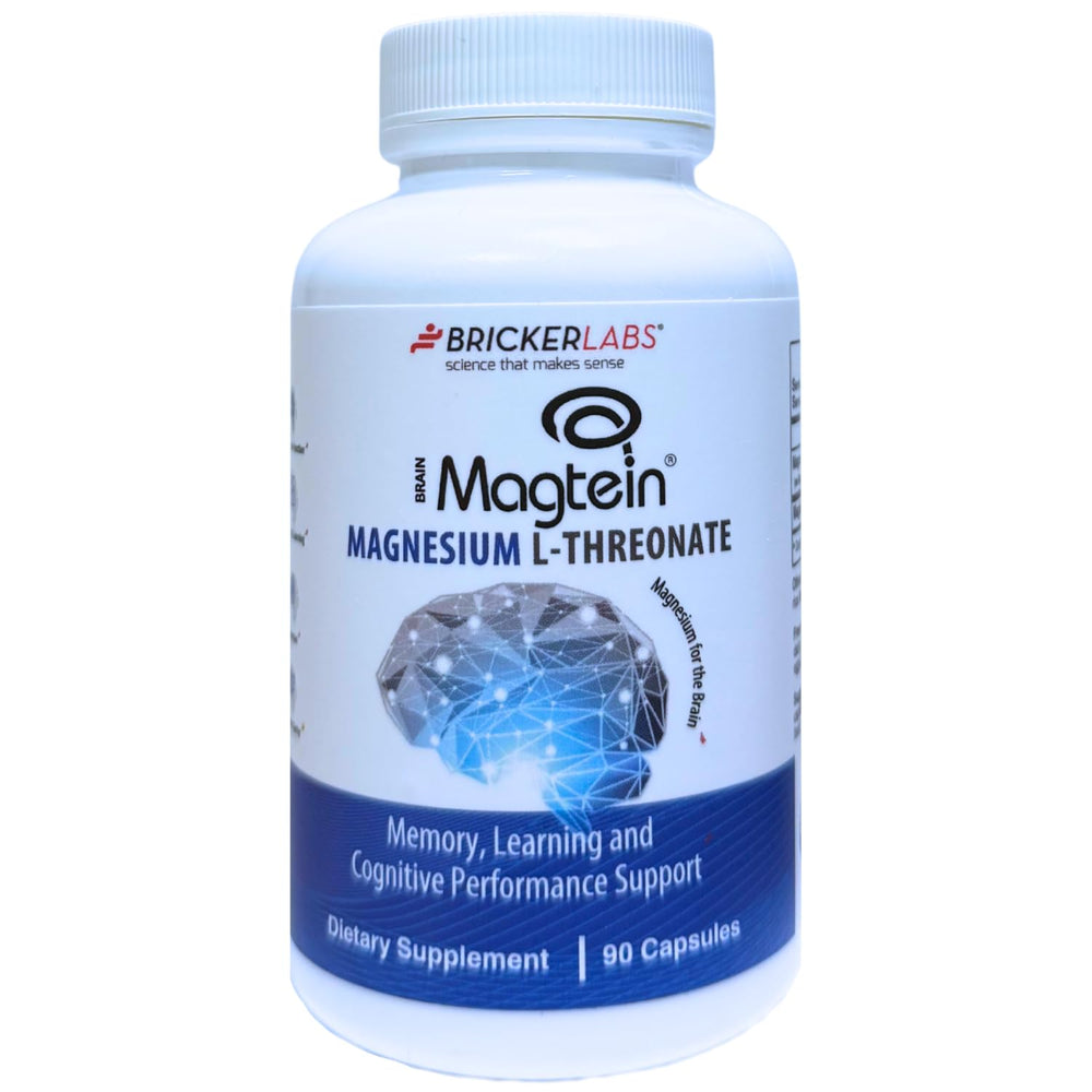 Bricker Labs Magtein bottle with clear label conveying brain health benefits