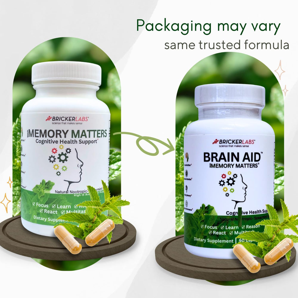 Bricker Labs Memory Matters bottle labeling emphasizes vegan, USA-made formulation.