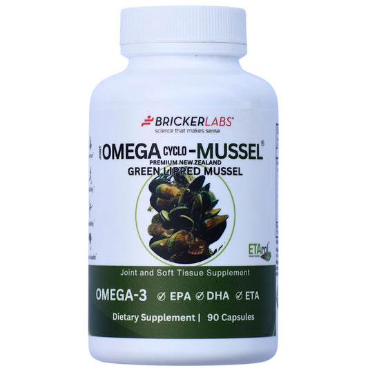 Bricker Labs Omega Cyclo green-lipped mussel powder supports joint comfort.